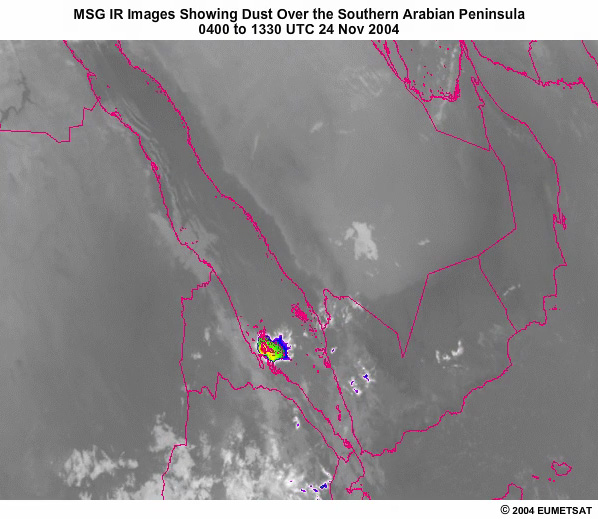 Sequence of MSG IR Images Showing Dust Over the Southern Arabian Peninsula from 0400 to 1330 UTC 24 Nov 2004