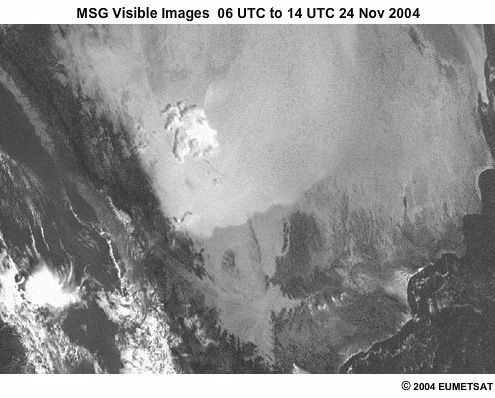 Sequence of MSG visible images showing a dust front from 06 to 14 UTC 24 Nov 2004