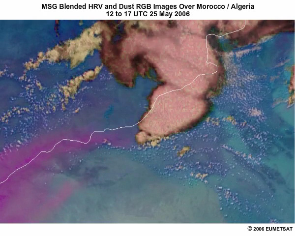 5-hour sequence of MSG blended HRV and dust RGB products from 12 to 17 UTC 25 May 2006