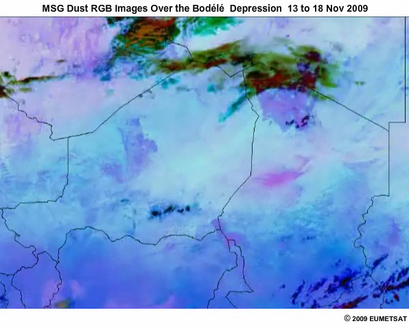 Animation of MSG Dust RGB Images from 13 to 18 November 2009 showing the evolution of a dust storm around the Bodl Depression