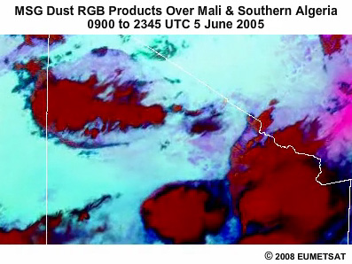 15-hour sequence of MSG Dust RGB products over Mali and southern Algeria from 0900 to 2345 UTC 5 June 2005
