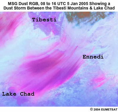 MSG dust RGB animation for 5 Jan 2005 from 8 to 16 UTC showing the evolution of a dust storm in the Bodele Depression