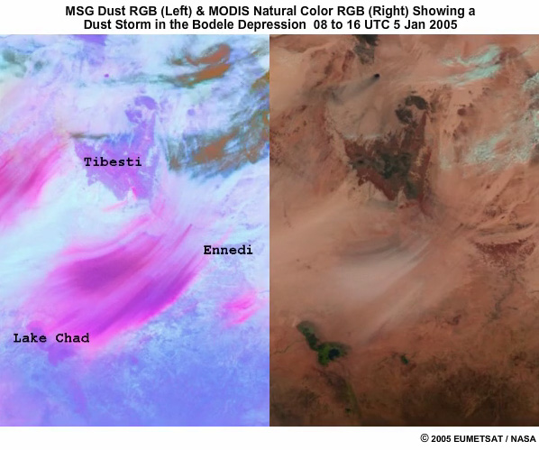 Two-panel animation for 08 to 16 UTC 5 January 2005, with an MSG dust RGB loop on the left and a MODIS natural color RGB on the right showing the evolution of a dust storm over the Bodele Depression