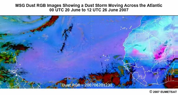 Sequence of MSG dust RGB products showing a dust cloud moving across the Atlantic Ocean from 20 to 26 June 2007