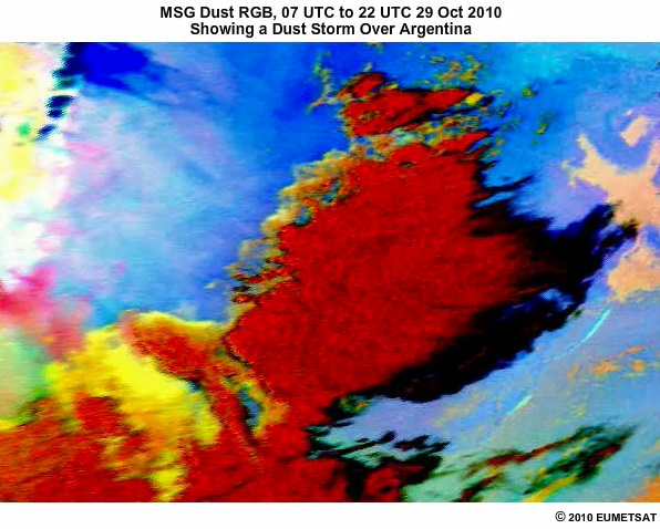 MSG dust RGB animation showing a dust storm over Argentina from 0700 to 2200 UTC on 29 Oct 2010