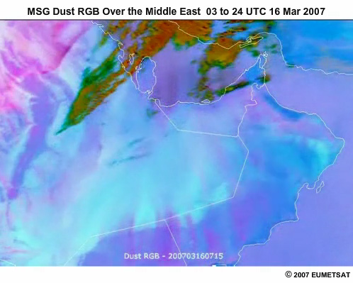 MSG dust RGB animation showing a dust storm from 03 to 24 UTC 16 March 2007