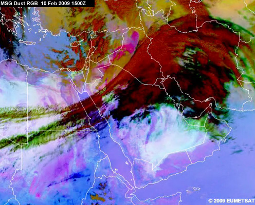 MSG dust RGB animation showing a dust storm over the Middle East on 10 to 12 Feb 2009
