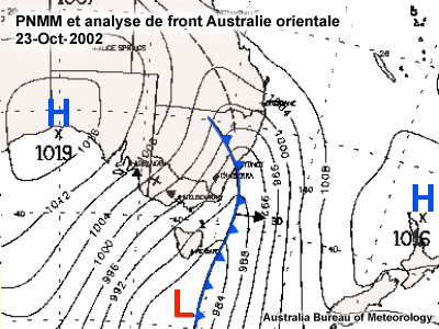 Pression au niveau moyen de la mer pour l'est de l'Australie le 23 octobre 2003