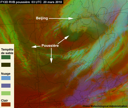 RVB poussière du satellite chinois FY2D montrant une tempête de poussière dans la région de Beijing le 20 mars 2010