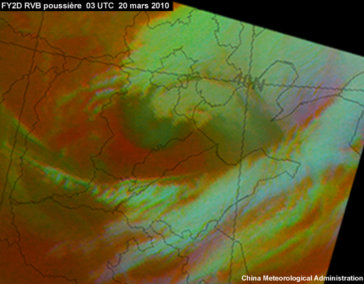 RVB poussière du satellite chinois FY2D montrant une tempête de poussière dans la région de Beijing le 20 mars 2010