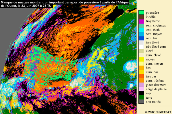 Le produit masque de nuages d'EUMETSAT montrant un transport majeur de poussière à partir de l'Afrique de l'Ouest le 23 juin 2007