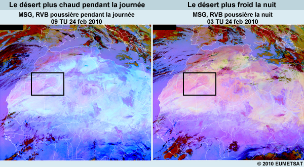 2 panneaux de RVB poussière de MSG du 24 février 2010 avec le Massif du El Eglag mis en évidence. Une image montre le désert plus chaud la nuit, l'autre le désert plus froid le jour
