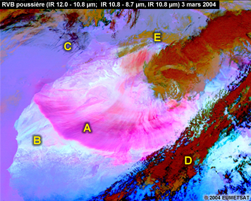 MSG, RVB poussière montrant une tempête de poussière sur l'Afrique du Nord le 3 mars 2004