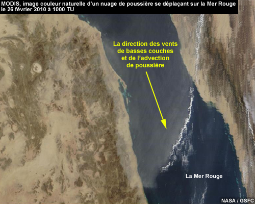 Image en couleur naturelle de MODIS montrant un nuage de poussière qui se déplace au-dessus de la Mer Rouge le 26 février 2010 à 10 TU 