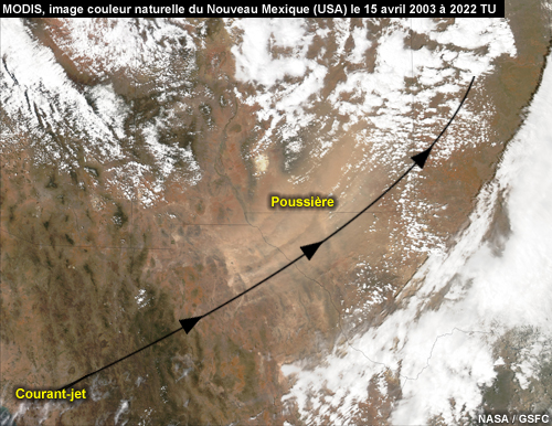 Image en couleur naturelle de MODIS montrant la poussière sur le Nouveau Mexique le 15 avril 2003 à 2022 TU 