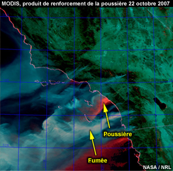 MODIS, produit de renforcement de la poussière avec la poussière et la fumée indiquées au large des côtes du sud de la Californie