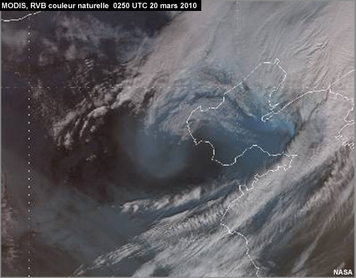 MODIS,image couleur naturelle montrant une tempête de poussière sur la Chine (près de Beijing ) le 20 mars 2010