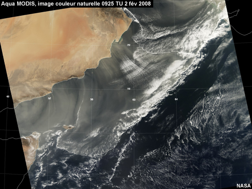 Aqua MODIS, RVB couleur naturelle du 02 février 2008 à 0925 TU montrant des invasions de poussière postfrontales causées par les vents shamal dans le Golfe  d'Aden 