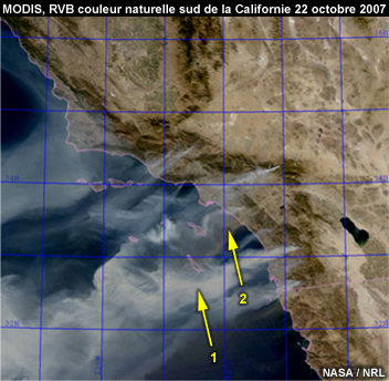 MODIS, RVB couleur naturelle de la poussière et de la fumée dans le sud de la Californie