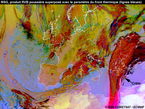RVB poussière de MSG (Meteosat 9) sur le sud  de l'Europe et l'Afrique du Nord le 23 mars 2008 à 06 TU superposée avec le paramètre du front thermique 