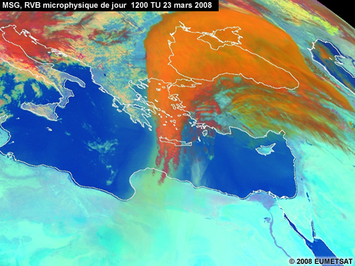 RVB microphysique de jour de MSG (Meteosat 9) montrant des nuages au-dessus de l'Europe de l'Est le 23 mars 2008 à 12 TU 