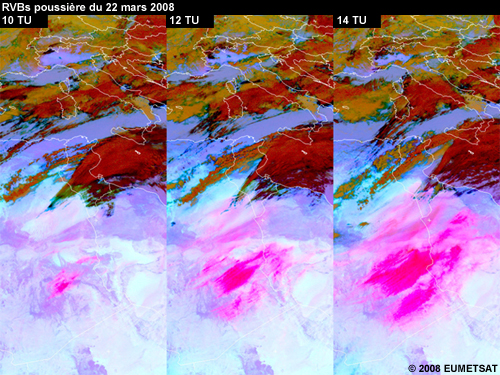 Trois panneaux de RVBs poussière de Meteosat 9, montrant une tempête de poussière le 22 mars 2008 à trois moments différents (10, 12, et 14 TU)