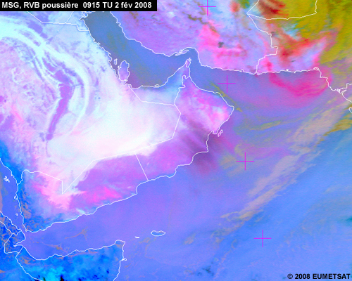 MSG (Meteosat 9),  RVB poussière montrant une tempête de poussière sur Oman, l'Iran et le Pakistan le 02 février 2008 à 0915 TU 