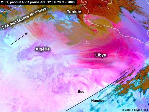 RVB poussière de MSG montrant des tempêtes de poussière sur l'Afrique du Nord le 23 février 2006 à 12TU; la tempête de poussière  des montagnes de l'Atlas est mise en évidence