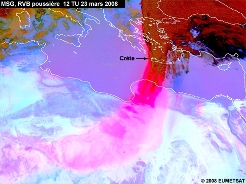 RVB poussière de MSG (Meteosat 9) montrant  près de Crète le 23 mars 2008 à 12 TU, un front froid avec un nuage de poussière intégré