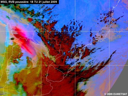 RVB poussière de MSG (Meteosat 9) montrant une tempête de poussière sur l'Argentine  et sur le sud de la Bolivie le 21 juillet 2009 à 18 TU 