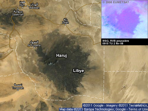 Le Haruj (grand champ volcanique en Libye) montré sur un RVB poussière de MSG, le 2 février 2008 à 0915 TU et sur une image Google de la Terre