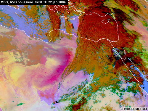 MSG, 4 images RVB poussière montrant la progression d'un nuage de poussière à l'arrière d'un front froid sur l'Egypte le 22 janvier 2004