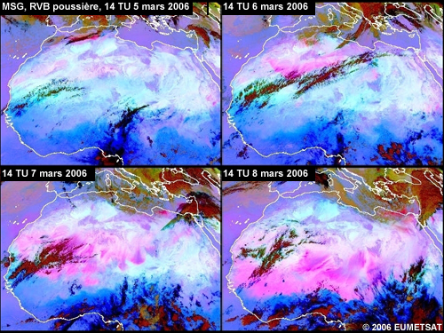 MSG (Meteosat-8), 4 produits RVBs montrant sur le Sahara une invasion de poussière d'échelle continentale, à 14 TU chaque jour, du 5 au 8 mars 2006 