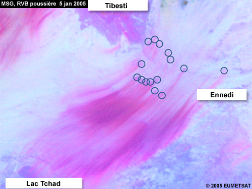 RVB poussière de MSG montrant des régions d'origine de poussière entre les montagnes du Tibesti et le lac Tchad le 5 janvier 2005 