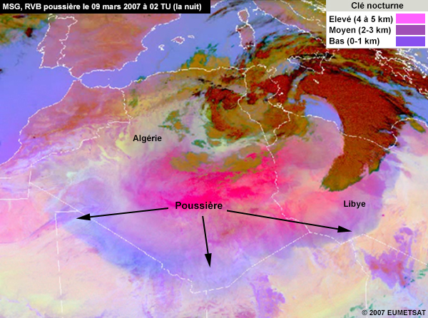 MSG, RVB poussière montrant une tempête de poussière la nuit sur l'Afrique du Nord le 09 mars 2007 avec une légende pour interpréter la hauteur de la poussière la nuit