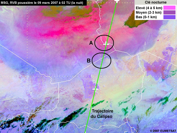 MSG, image RVB poussière montrant une tempête de poussière la nuit sur l'Afrique du Nord le 09 mars 2007 avec une légende pour interpréter la hauteur de la poussière la nuit, superposée avec la ligne de suivi du CALIPSO