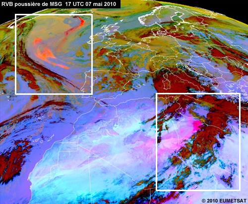MSG, RVB poussière de l'Europe et de l'Afrique le 07 mai 2010 avec deux zones mises en évidence