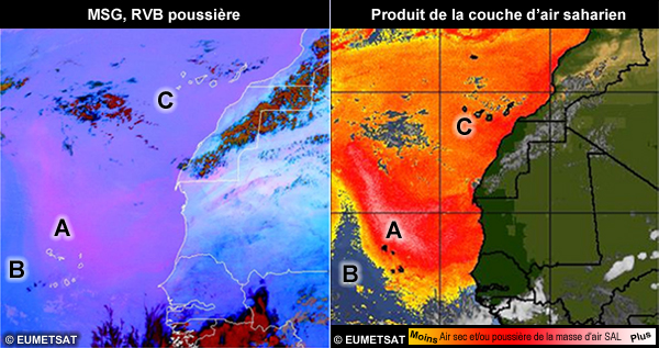 MSG, produit de suivi de la couche d'air saharien et RVB poussière de MSG montrant la même tempête de poussière au large des côtes de l' Afrique Occidentale