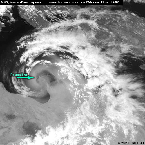 Image visible MSG d'un tourbillon de poussière sur l'Afrique du Nord le 17 avril 2001