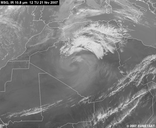 MSG, image IR 10.8 micromètes montrant une tempête de poussière le 12 février 2007