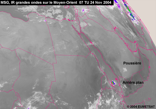 MSG, image IR grande longueur d'onde montrant la poussière sur le Moyen-Orient le 24 novembre 2004 à 07 TU