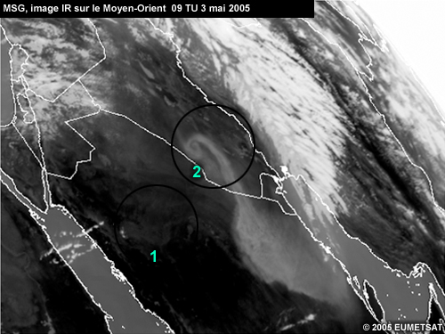 MSG, image IR du Moyen-Orient le 03 mai 2005 à 09 TU avec 2 secteurs encerclés (faisant partie d'un exercice d'identification des tempêtes de poussière)