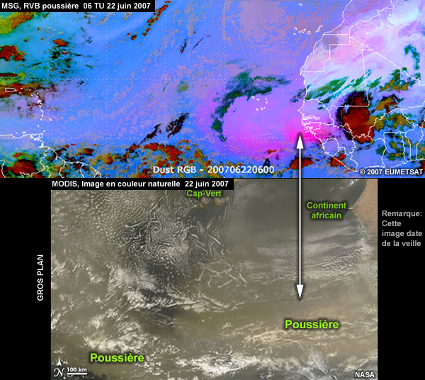 2 images d'une même tempête de poussière au large de la côte Ouest Africaine le 22 juin 2007 (une en RVB poussière de MSG, et l'autre en couleur naturelle de MODIS)
