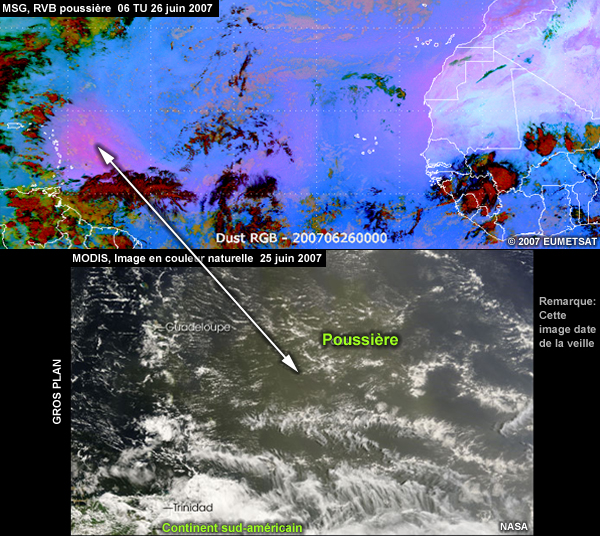 2 images d'une même tempête de poussière au large de la côte ouest africaine le 25 juin 2007 (une en RVB poussière de MSG, et l'autre en couleur naturelle de MODIS)