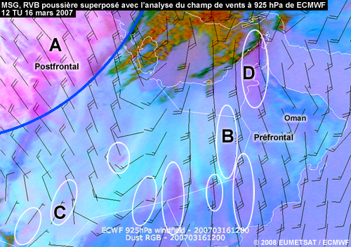 RVB poussière de MSG (Meteosat 8) superposée avec une analyse du champ de vents a 925 hPa montrant de la poussière préfrontale et postfrontale autour d'Oman le 16 mars 2007 à 12 TU