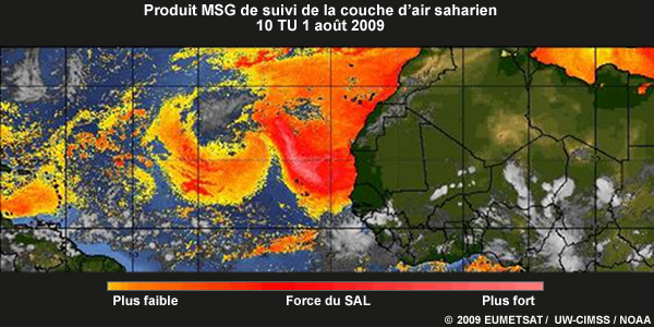 MSG, produit de suivi de la couche d'air saharien le 1er août 2009 à 18 TU