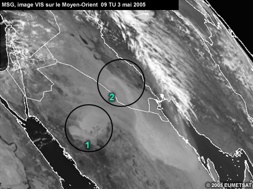 Image visible MSG du Moyen-Orient le 03 mai 2005 à 09 TU avec 2 zones encerclées (faisant partie d'un exercice d'identification de nuages de poussière)