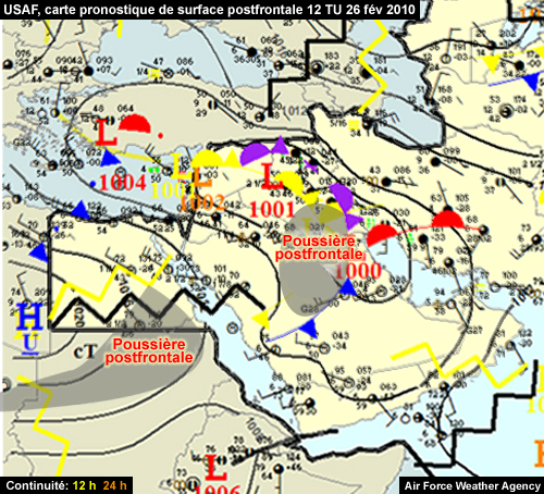 Carte pronostique de surface postfrontale de l'U.S. Air Force pour le 26 février 2010 à 12 TU