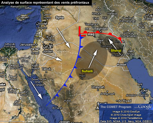 Carte de surface représentant des vents préfrontaux sur le Moyen-Orient
