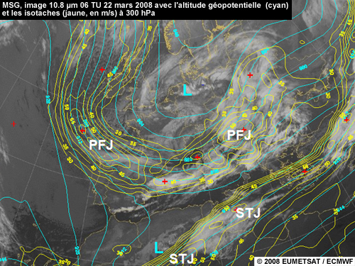 MSG (Meteosat 9), image IR 10.8 superposée avec les altitudes géopotentielles et les isotaches à 300 hPa, montrant un jet du front polaire au-dessus de la Mer Méditerranée et un jet subtropical au-dessus de l'Algérie, la Tunisie et la Libye le 22 mars 200 